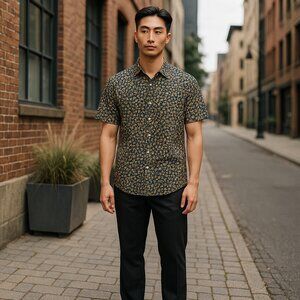 J. Crew Yellow Flower On Navy Blue Men Flex Slim Short Sleeve Shirt